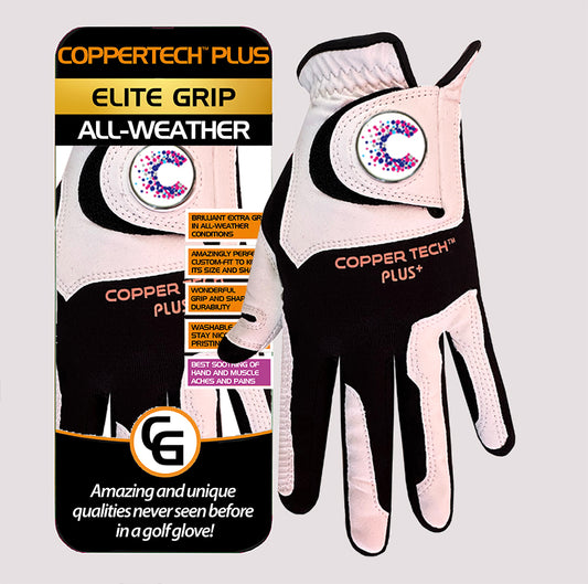 CANCER RESEARCH COPPERTECH PLUS ELITE GRIP ALL-WEATHER WHITE/BLACK GOLF GLOVE