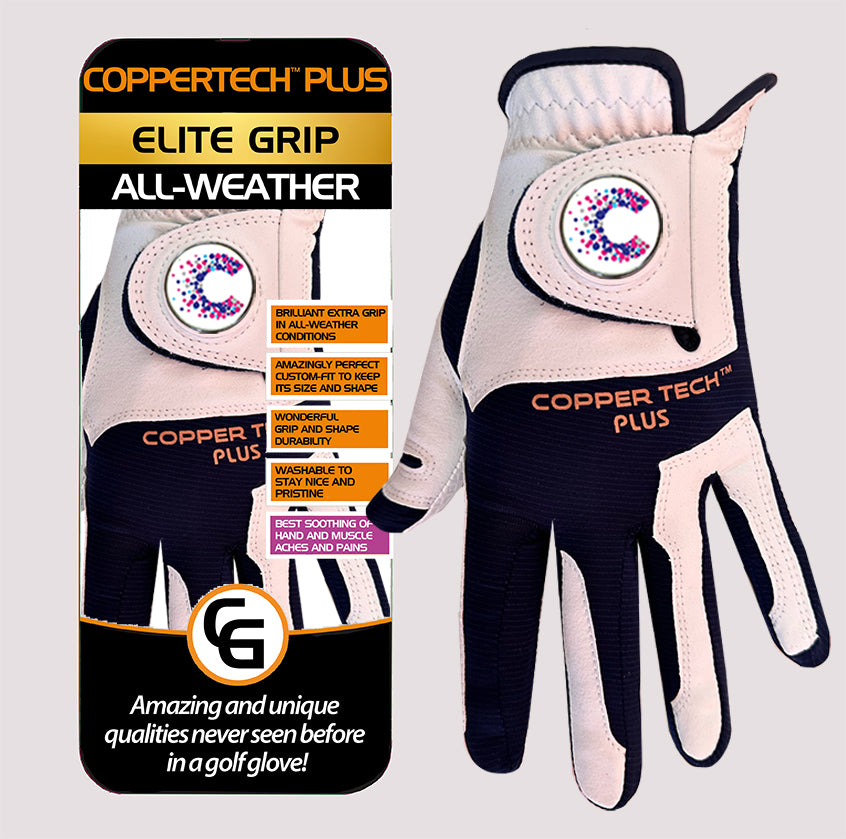 CANCER RESEARCH UK COPPERTECH PLUS ELITE GRIP ALL-WEATHER WHITE/NAVY GOLF GLOVE