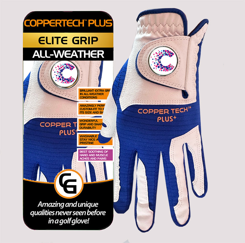 CANCER RESEARCH UK COPPERTECH PLUS ELITE GRIP ALL-WEATHER WHITE/ROYAL BLUE GOLF GLOVE