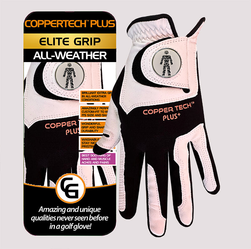 PROSTATE CANCER COPPERTECH PLUS ELITE GRIP ALL-WEATHER WHITE/BLACK GOLF GLOVE