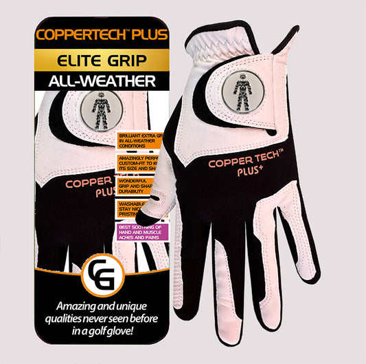 PROSTATE CANCER COPPERTECH PLUS ELITE GRIP ALL-WEATHER WHITE/BLACK GOLF GLOVE