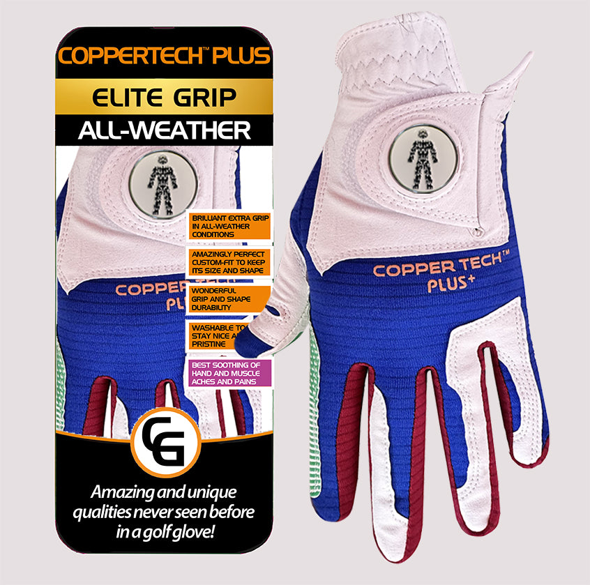 PROSTATE CANCER UK COPPERTECH PLUS ELITE GRIP ALL-WEATHER WHITE/RED/GREEN/BLUE GOLF GLOVE
