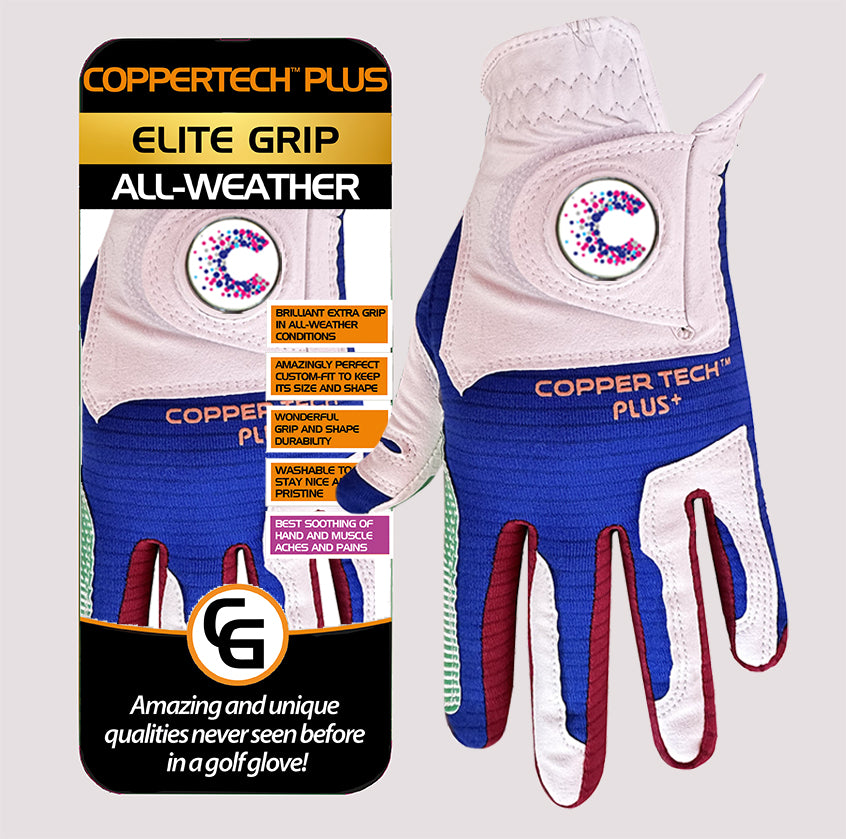 CANCER RESEARCH UK COPPERTECH PLUS ELITE GRIP ALL-WEATHER WHITE/RED/GREEN/BLUE GOLF GLOVE