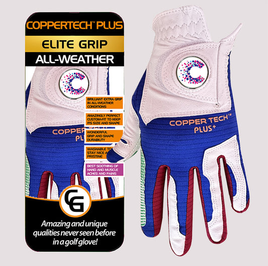 CANCER RESEARCH UK COPPERTECH PLUS ELITE GRIP ALL-WEATHER WHITE/RED/GREEN/BLUE GOLF GLOVE