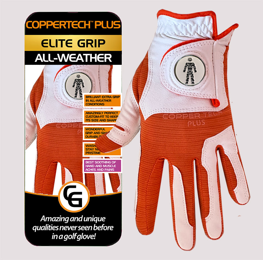 PROSTATE CANCER UK COPPERTECH PLUS ELITE GRIP ALL-WEATHER WHITE/ORANGE GOLF GLOVE