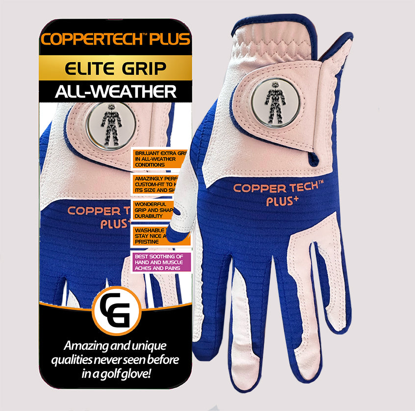 PROSTATE CANCER UK COPPERTECH PLUS ELITE GRIP ALL-WEATHER WHITE/ROYAL BLUE GOLF GLOVE