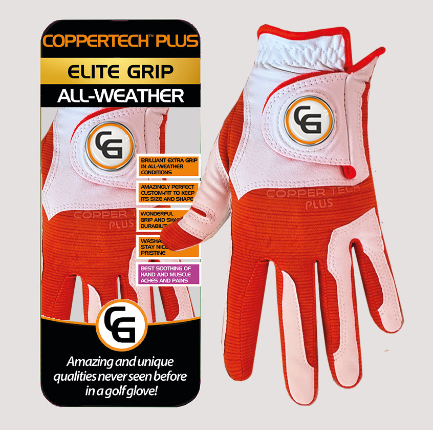 CANCER RESEARCH UK COPPERTECH PLUS ELITE GRIP ALL-WEATHER WHITE/ORANGE GOLF GLOVE