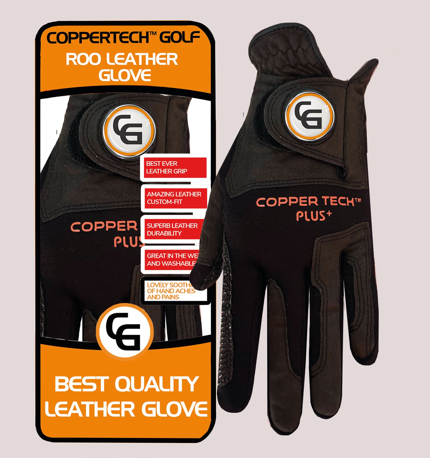COPPERTECH PLUS ELITE GRIP ROO LEATHER BLACK/BLACK GOLF GLOVE