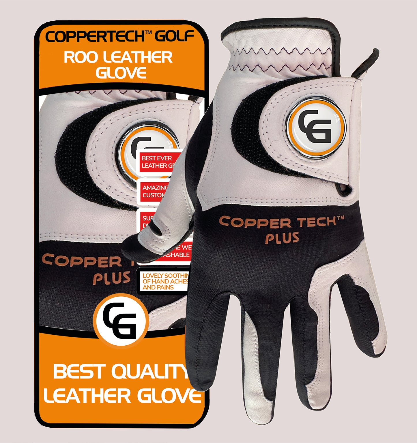 COPPERTECH PLUS ELITE GRIP ROO LEATHER BLACK/WHITE GOLF GLOVE