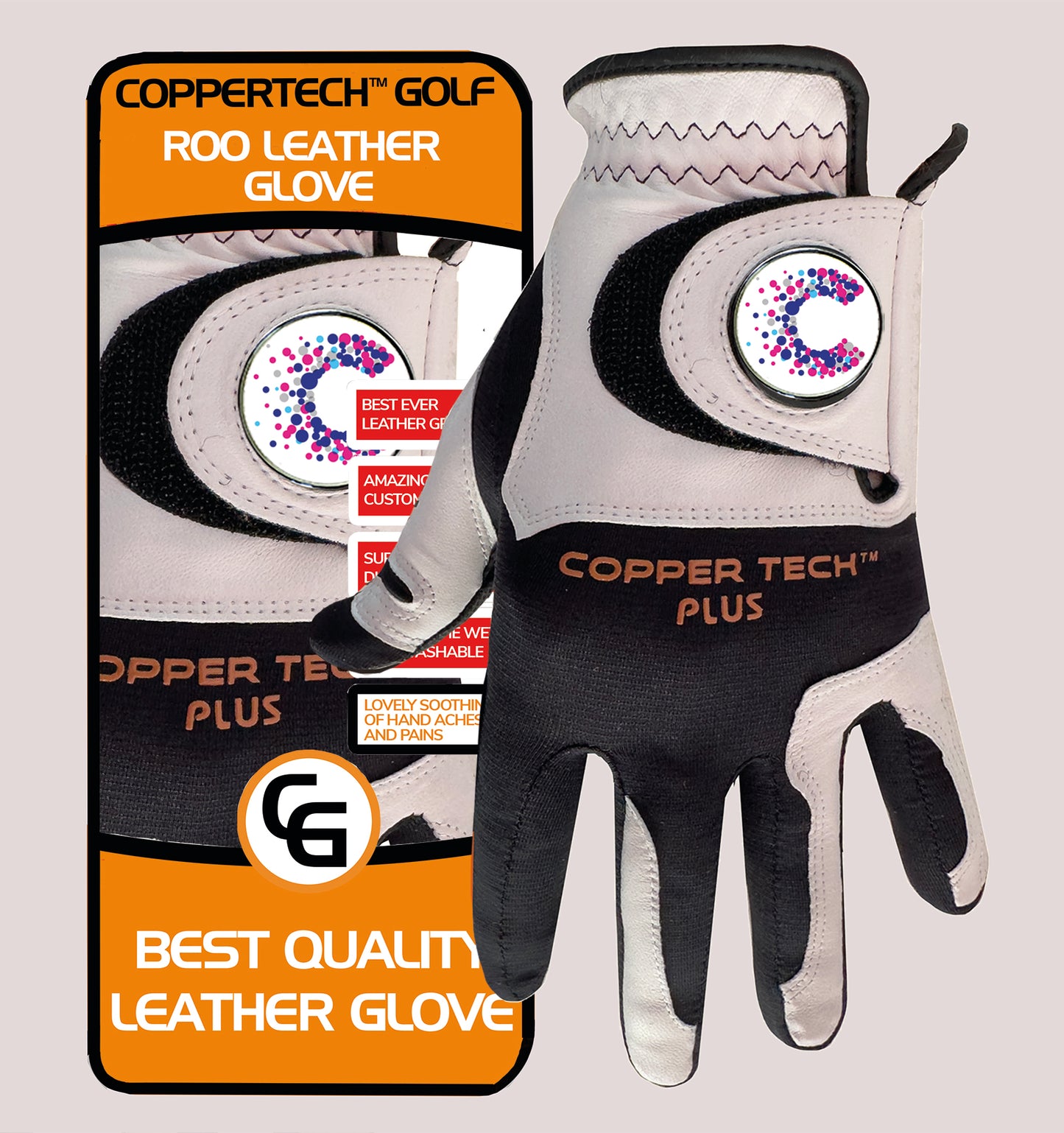 CANCER RESEARCH UK COPPERTECH PLUS ELITE GRIP ROO LEATHER BLACK/WHITE GOLF GLOVE
