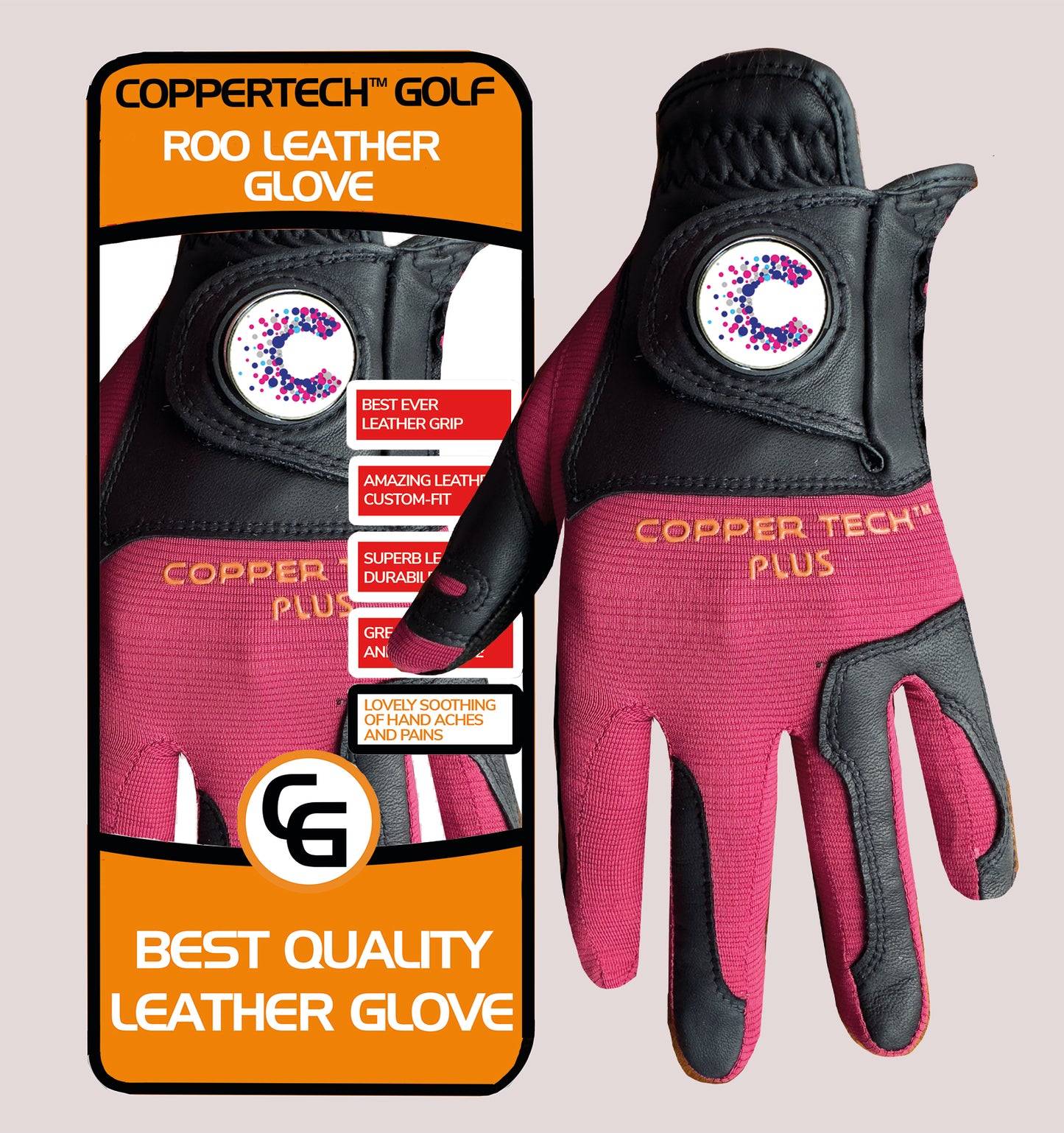 CANCER RESEARCH UK COPPERTECH PLUS ELITE GRIP ROO LEATHER RED/BLACK GOLF GLOVE