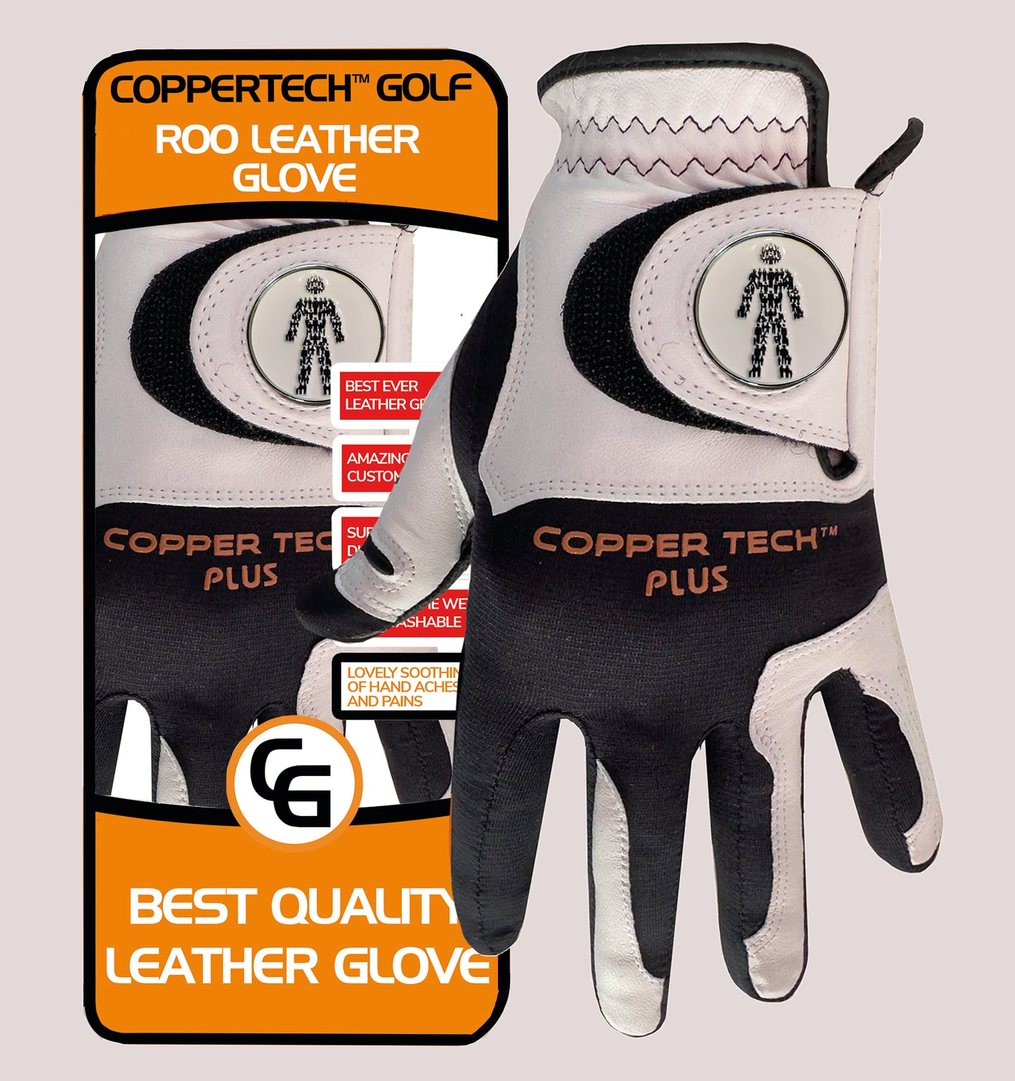 PROSTATE CANCER UK COPPERTECH PLUS ELITE GRIP ROO LEATHER BLACK/WHITE GOLF GLOVE