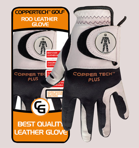 PROSTATE CANCER UK COPPERTECH PLUS ELITE GRIP ROO LEATHER BLACK/WHITE GOLF GLOVE