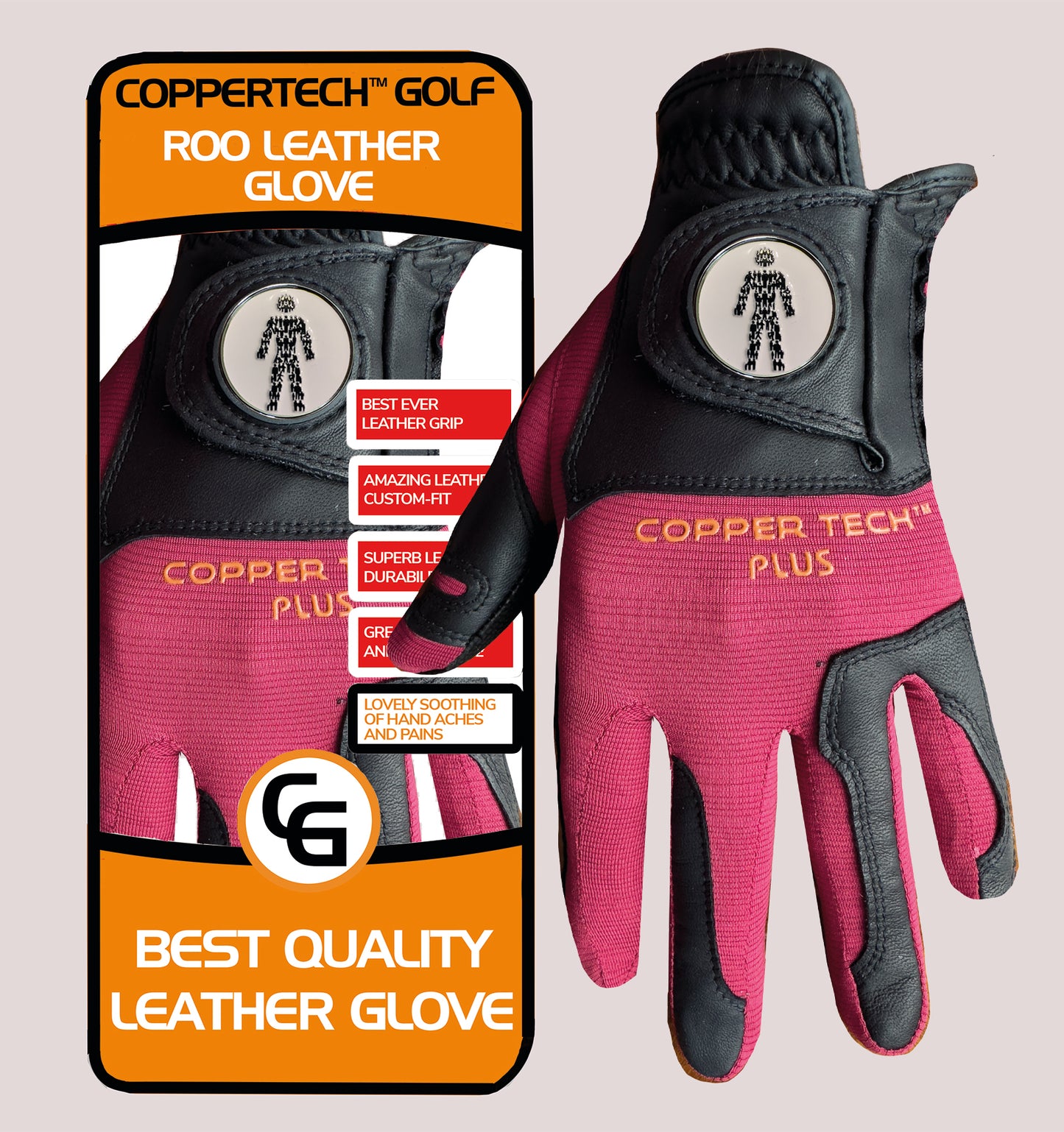 PROSTATE CANCER UK COPPERTECH PLUS ELITE GRIP ROO LEATHER RED/BLACK GOLF GLOVE