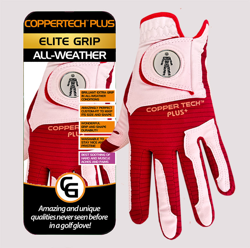 PROSTATE CANCER UK COPPERTECH PLUS ELITE GRIP ALL-WEATHER WHITE/RED GOLF GLOVE