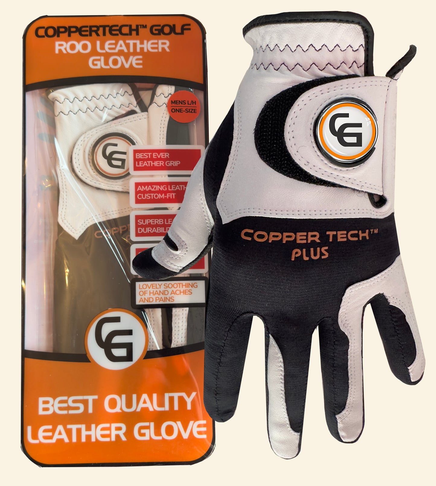 COPPERTECH PLUS PREMIER GRIP ROO LEATHER GOLF GLOVE - WHITE/BLACK